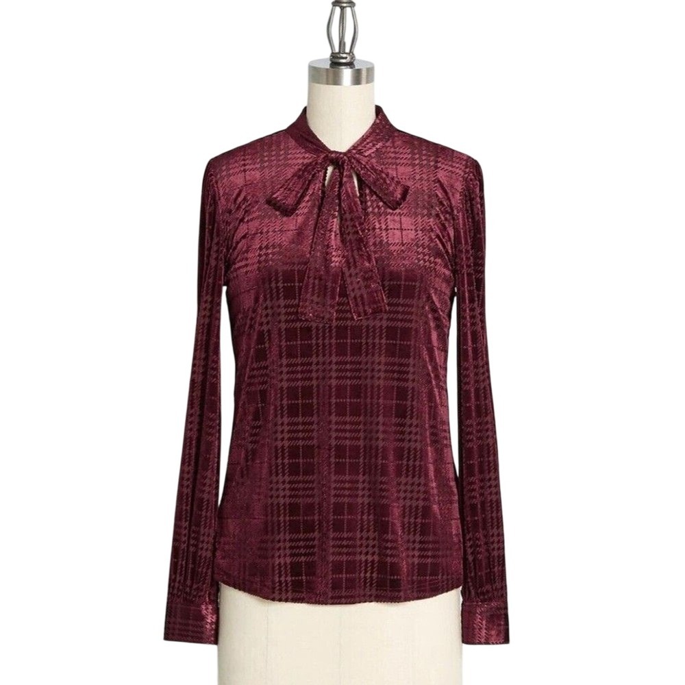 ModCloth‎ Velvet Blouse Burgundy Plaid Tie Neck Long Sleeve Top Women’s Small